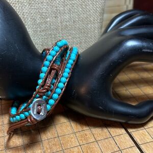 Victoria Emerson Turquoise Beaded Leather Wrap Bracelet Adj